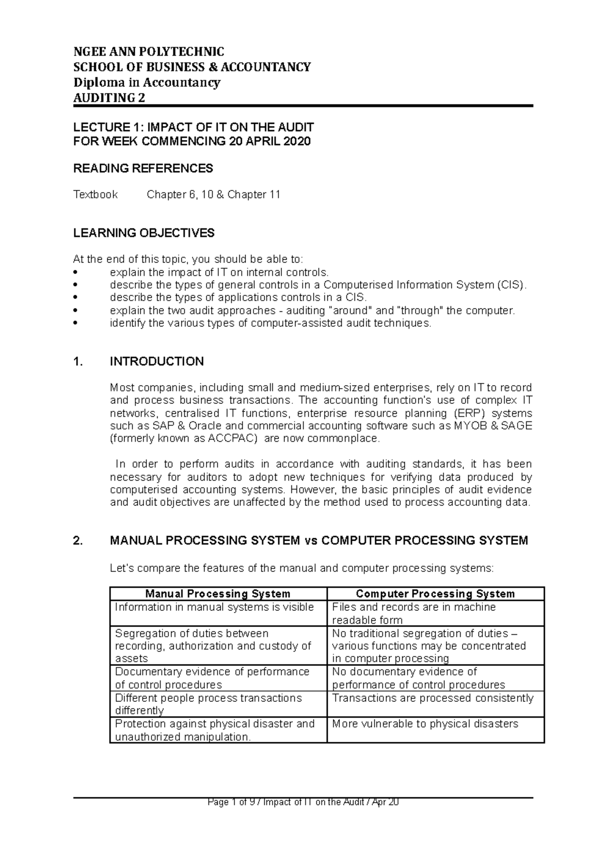 Notes 01 - Impact of IT on the Audit - NGEE ANN POLYTECHNIC SCHOOL OF ...