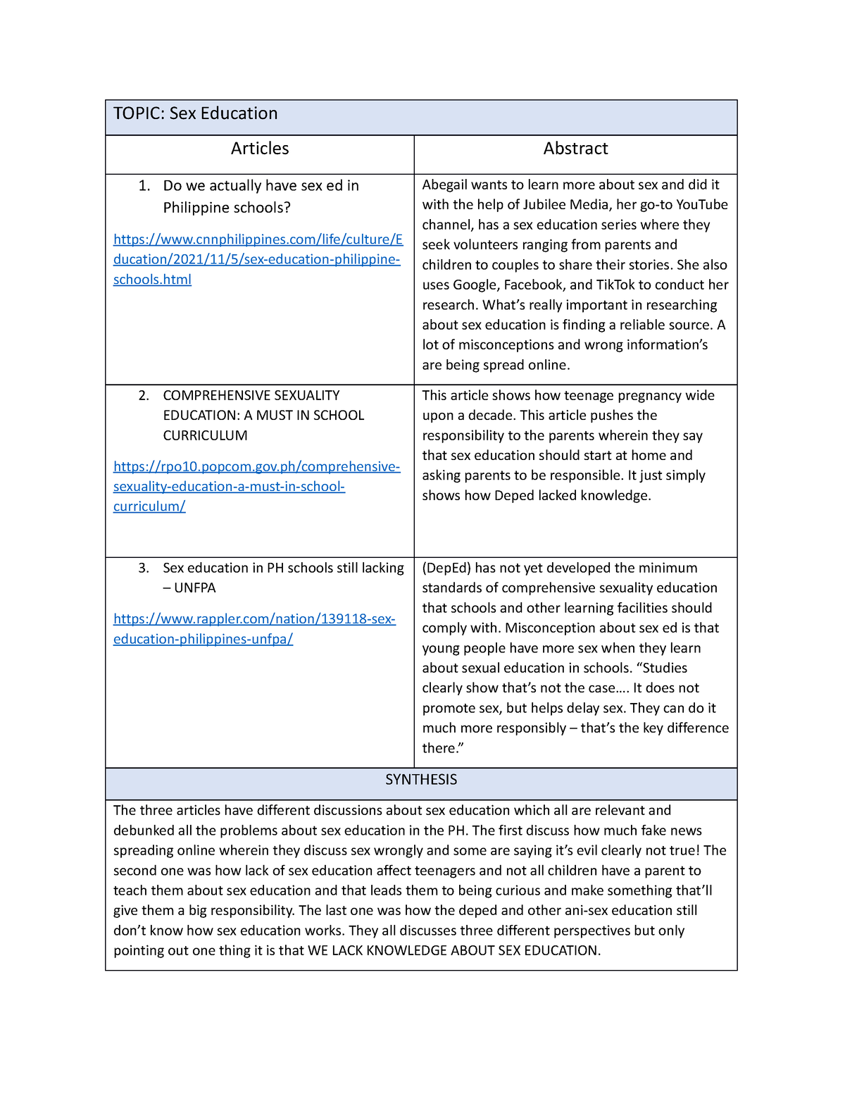 sex education in the philippines essay