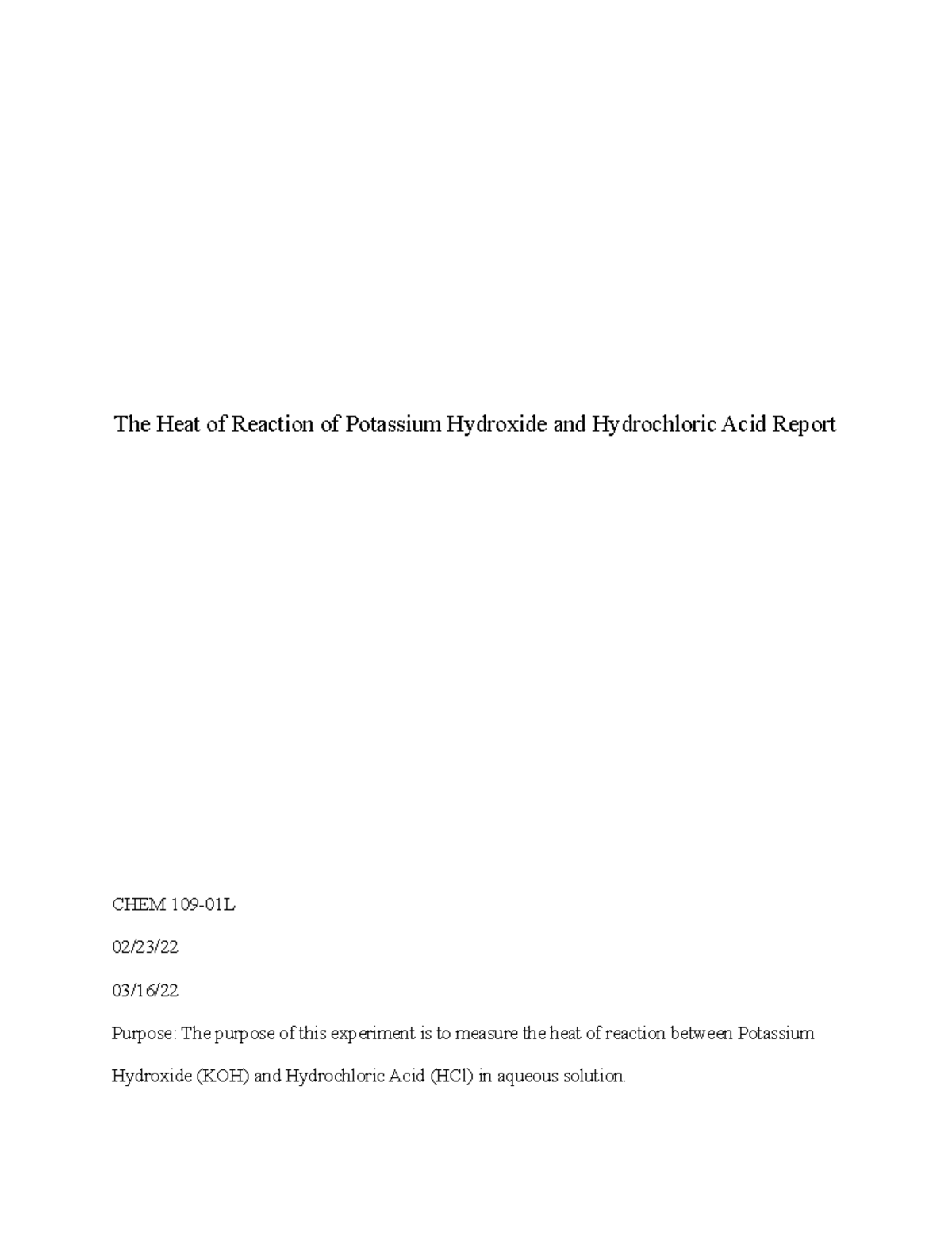 The Heat of Reaction of Potassium Hydroxide and Hydrochloric Acid 2