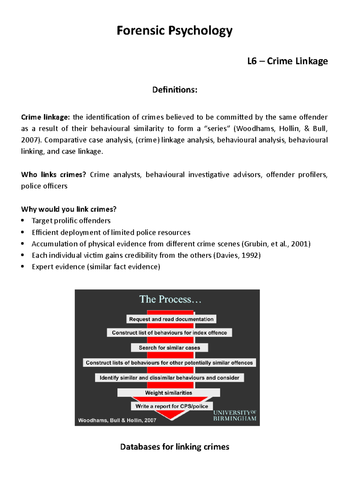 Lecture 6 Crime Linkage Forensic Psychology L6 Crime Linkage