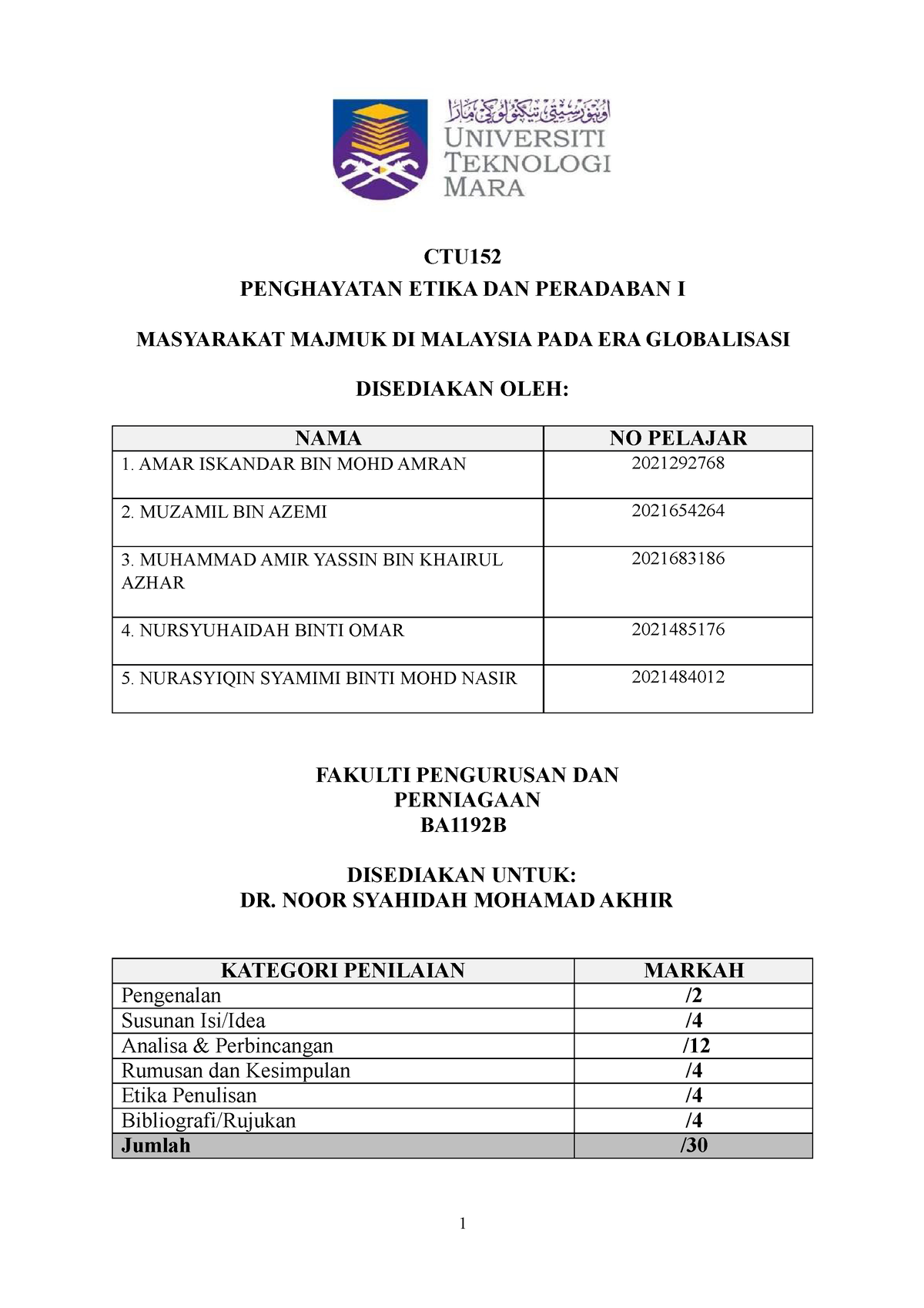 CTU152 Final - First Assignment - CTU PENGHAYATAN ETIKA DAN PERADABAN I ...