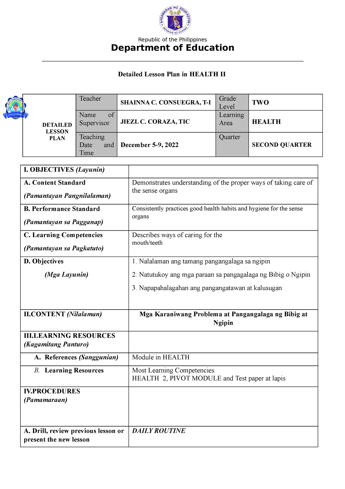 Health 2 DLP WEEK5 - HEALT 2 - Department Of Education Detailed Lesson ...