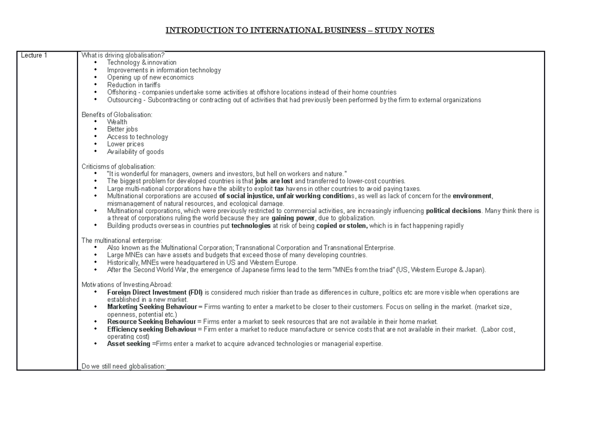 Intro IB Subject Notes - Lecture 1 What is driving globalisation ...
