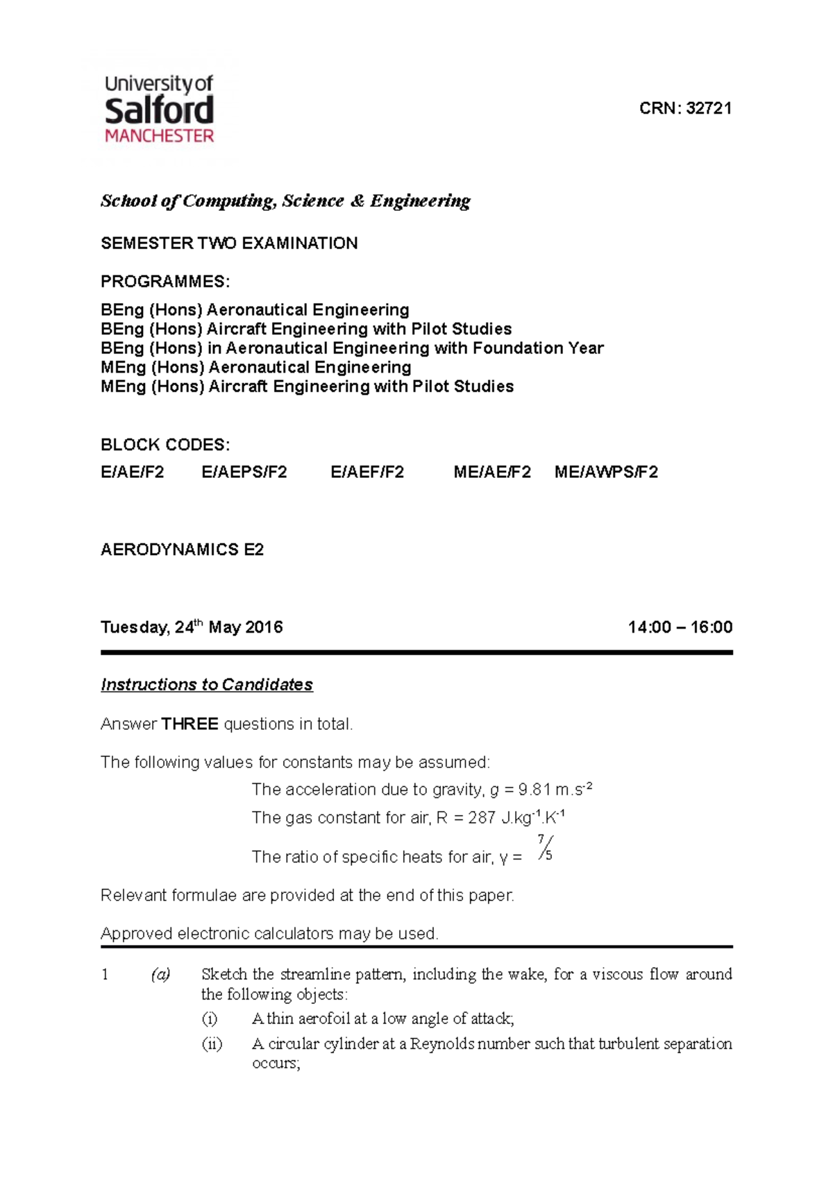 Aerodynamics E2 2016 - CRN: 32721 School of Computing, Science ...