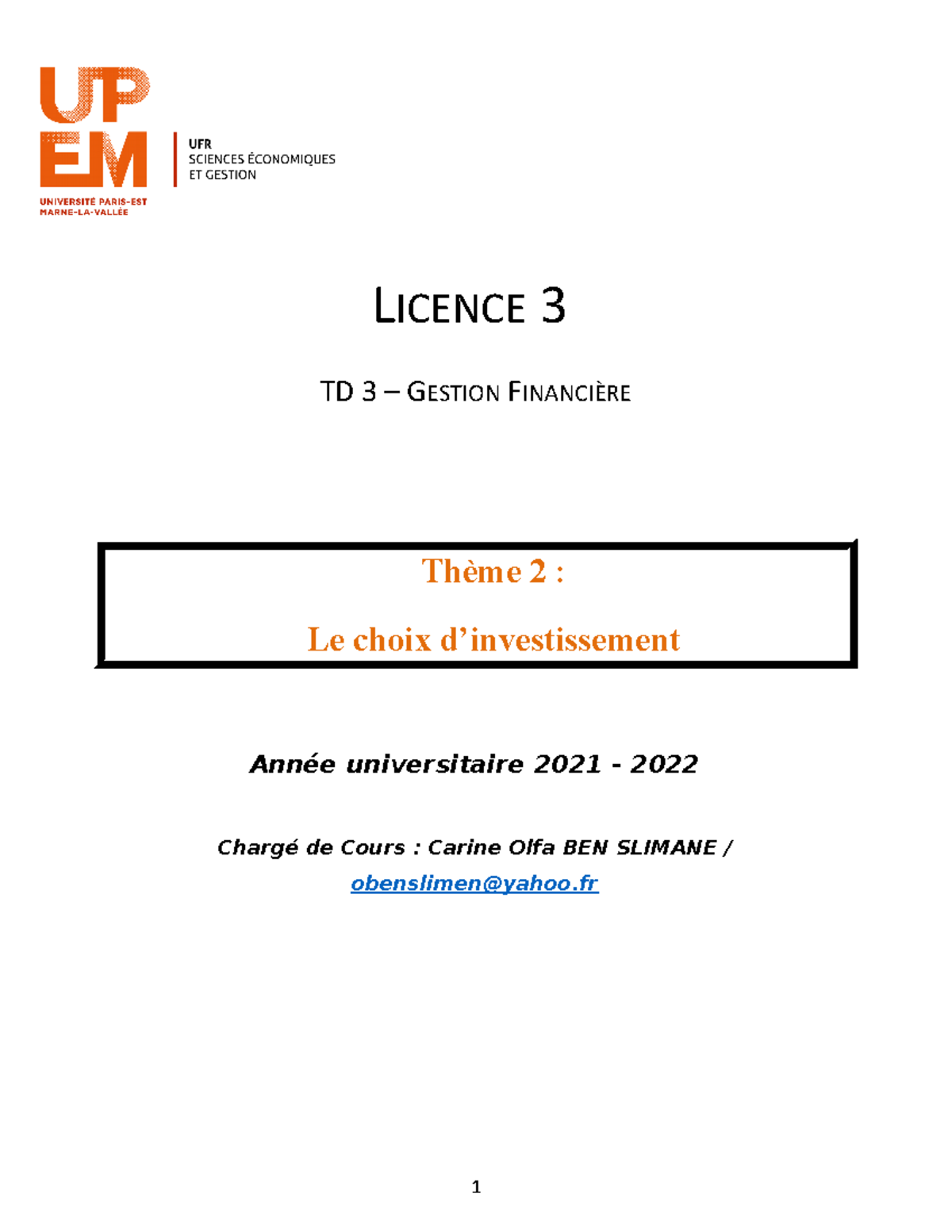 TD 3 - Choix d'inv. GF L3 CCA - LICENCE 3 TD 3 – GESTION FINANCIÈRE ...