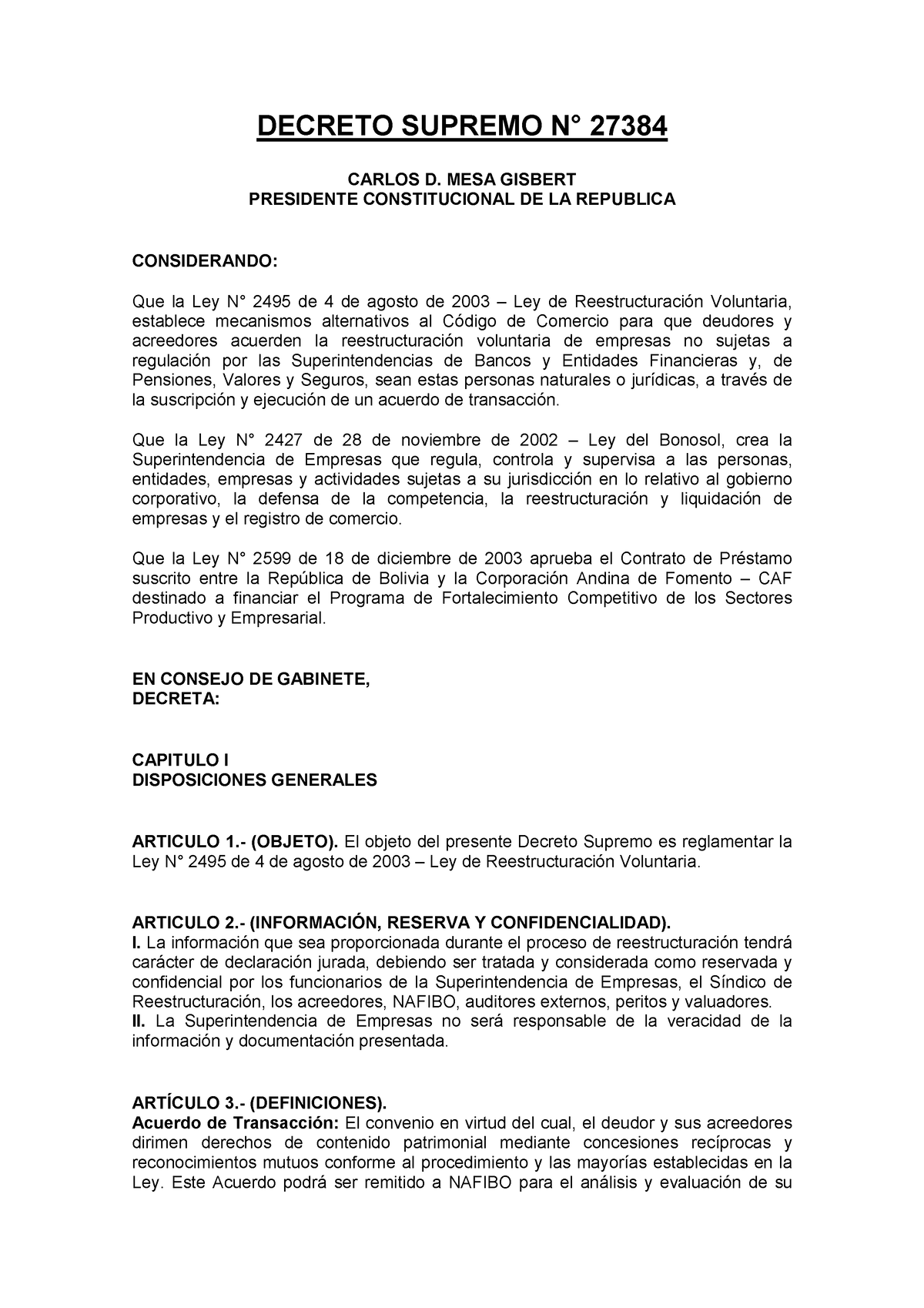 reglamento-a-la-ley-2495 en Bolivia y su aplicación en el territorio