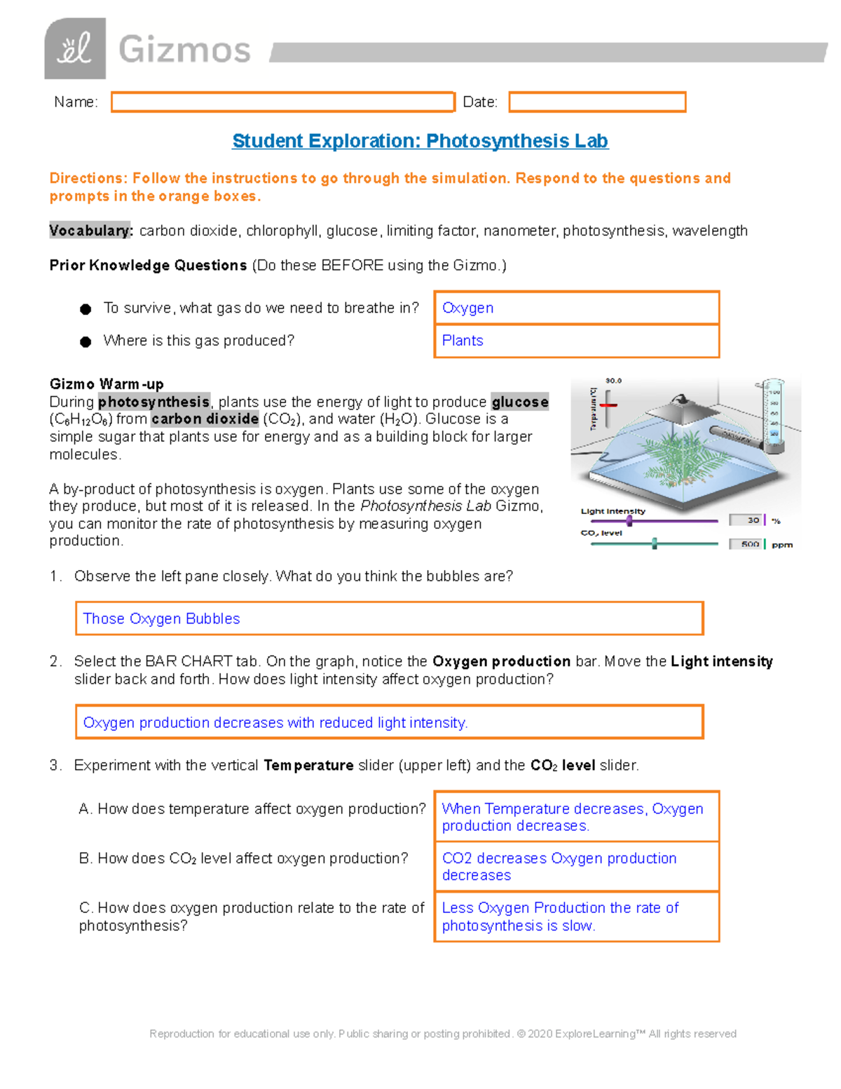 Gizmo Photosynthesis Lab - Name: Date: Student Exploration ...