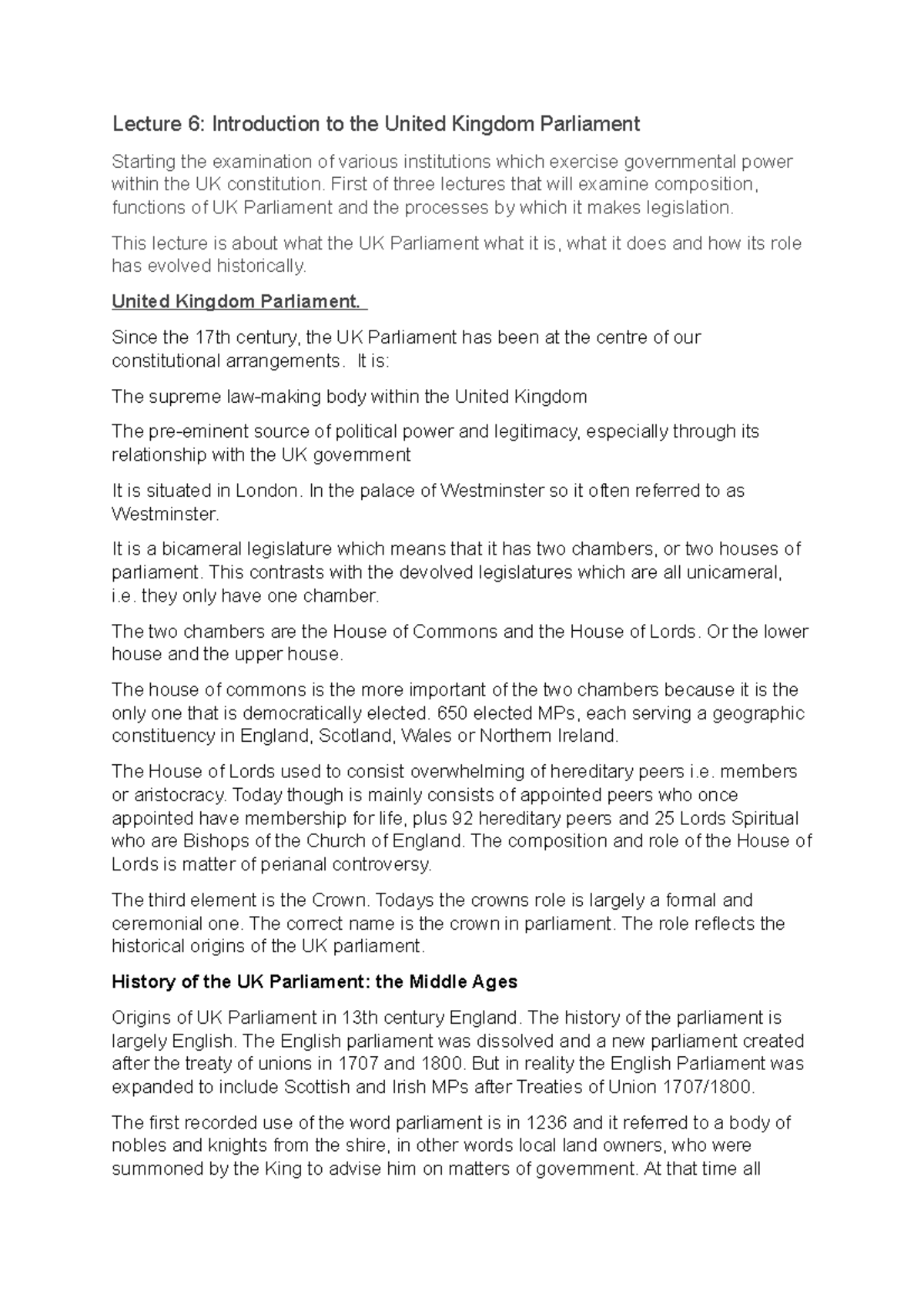 Lecture 6: Introduction to the United Kingdom Parliament - Lecture 6 ...