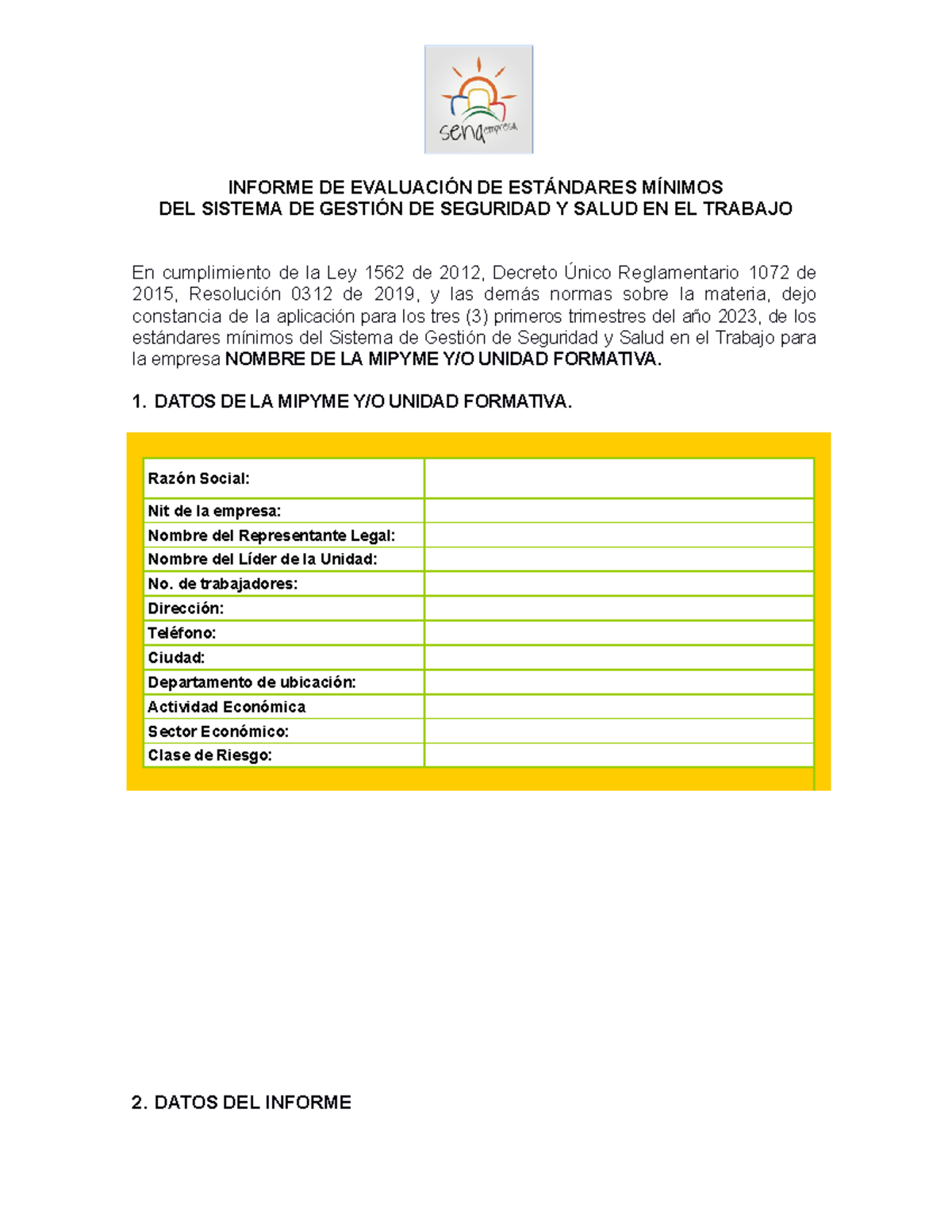 Informe de evaluación de estándares mínimos del Sgsst - INFORME DE ...