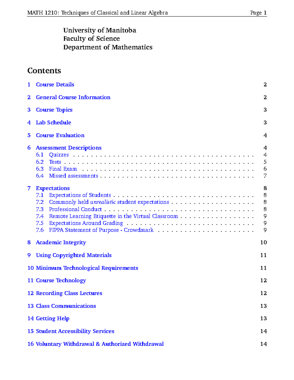 Course Outline Final University of Manitoba Faculty of Science