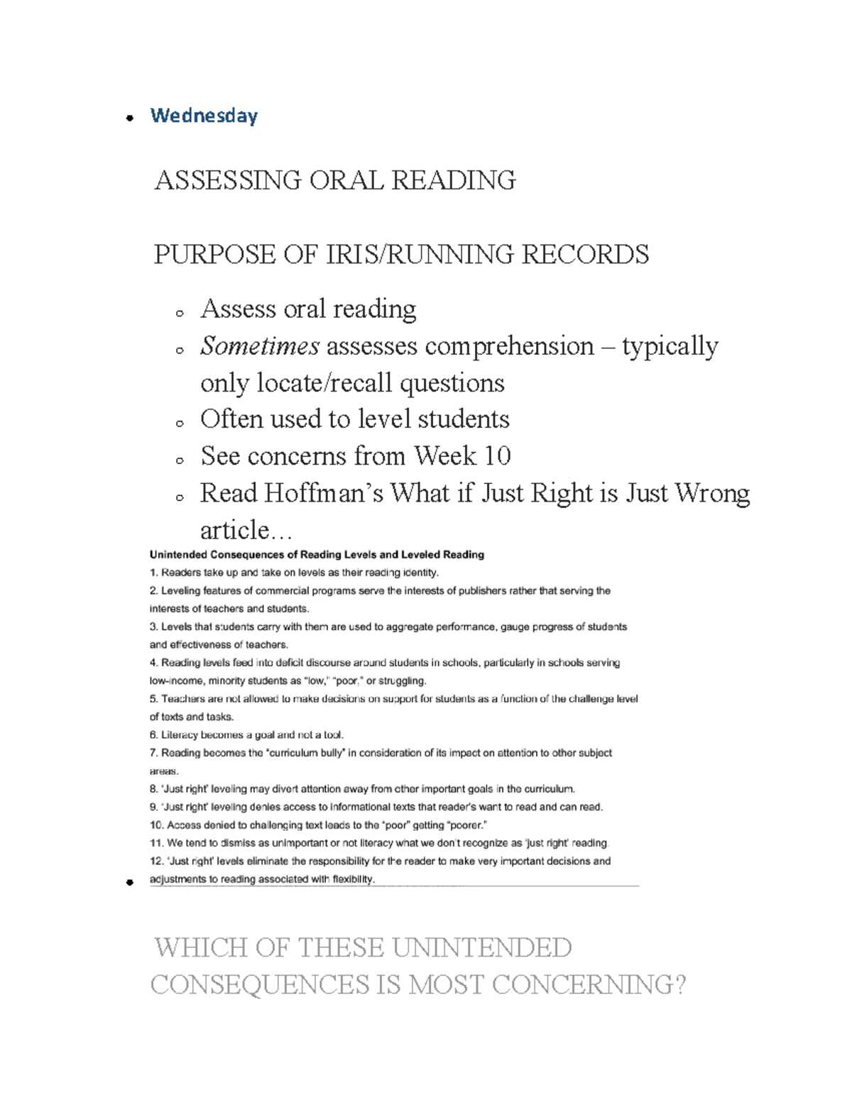 TCH 222 Week 10 - Notes from Lecture - Wednesday ASSESSING ORAL READING ...
