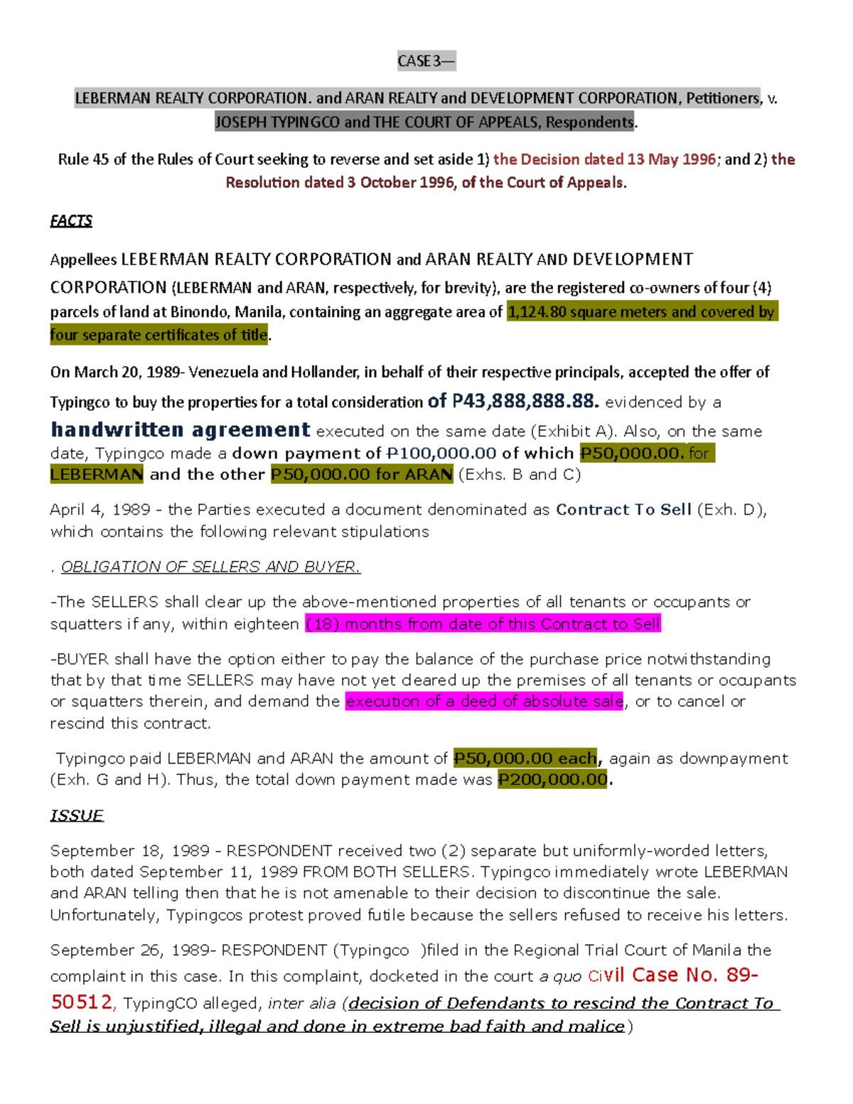 Cases. Reviewer oblicon and contrast CASE3— LEBERMAN REALTY