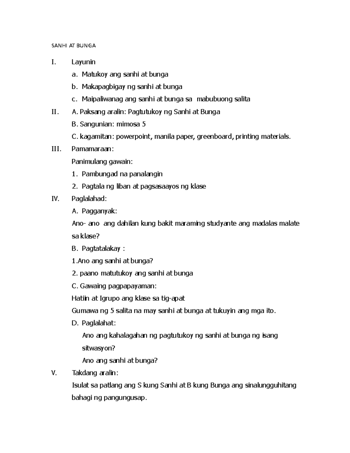 Lesson Plan - Sanhi At Bunga Grade5 - SANHI AT BUNGA I. Layunin A ...