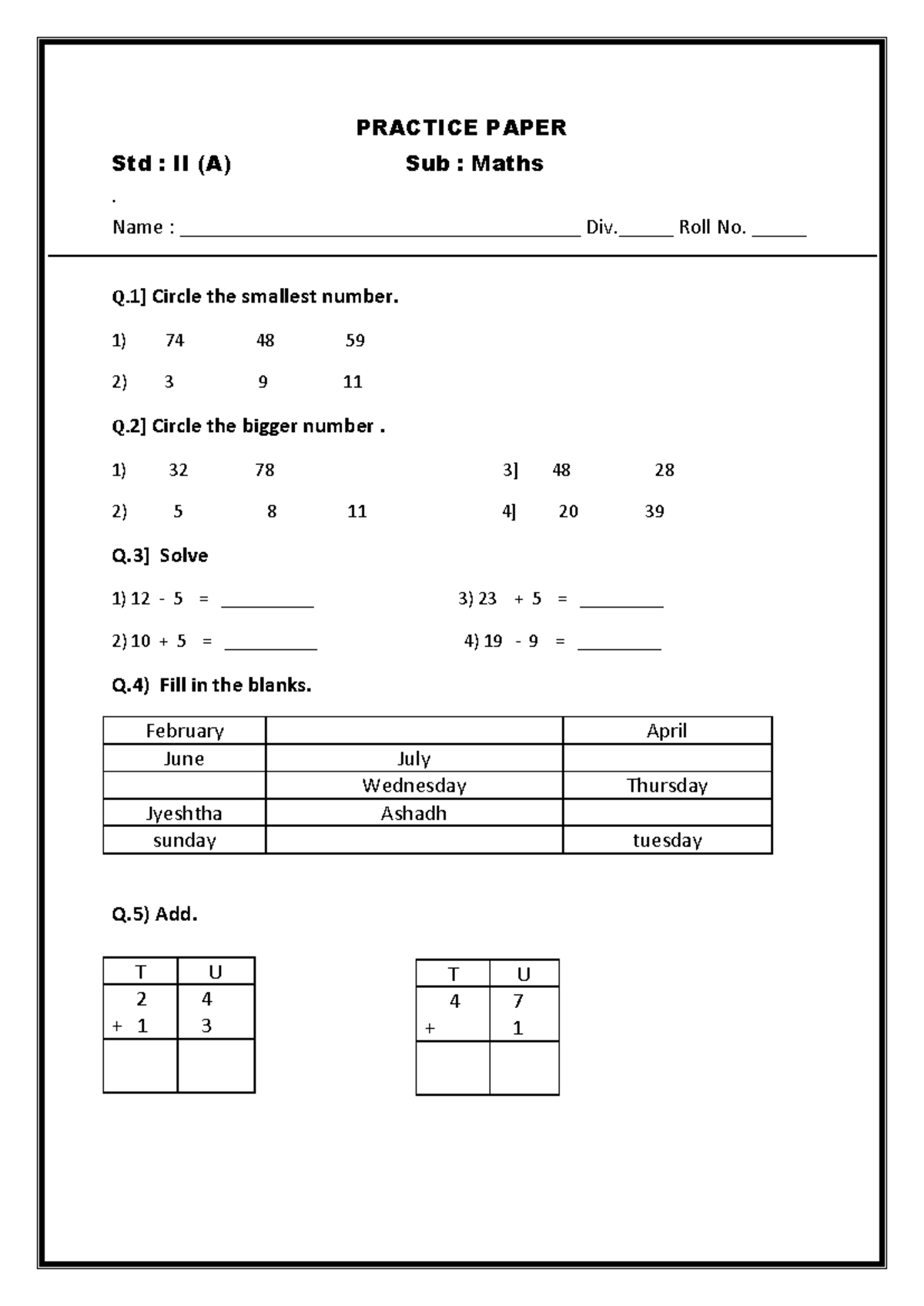 First Semester Maths (1) - PRACTICE PAPER Std : II (A) Sub : Maths ...