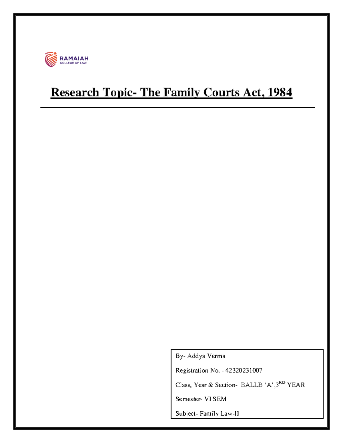 The Family Courts Act, 1984 Addya Research Topic The Family Courts Act, 1984 By Addya Verma