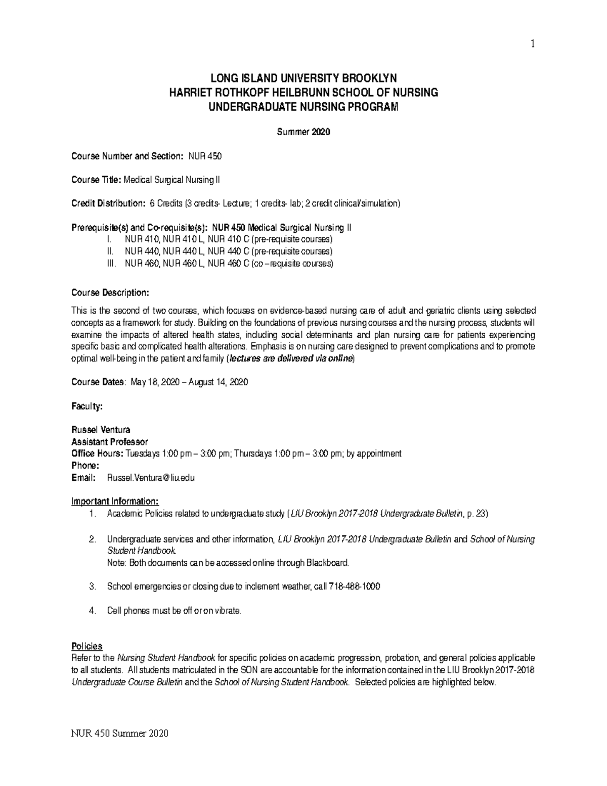 NUR 450 Course Syllabus Summer 2020 - LONG ISLAND UNIVERSITY BROOKLYN ...