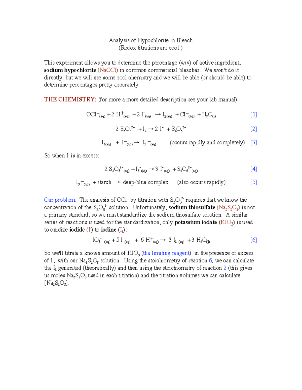 Bleach notes laboratory report Analysis of Hypochlorite in Bleach