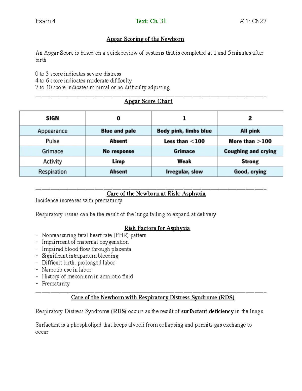 Text Ch - Notes - Apgar Scoring of the Newborn An Apgar Score is based ...