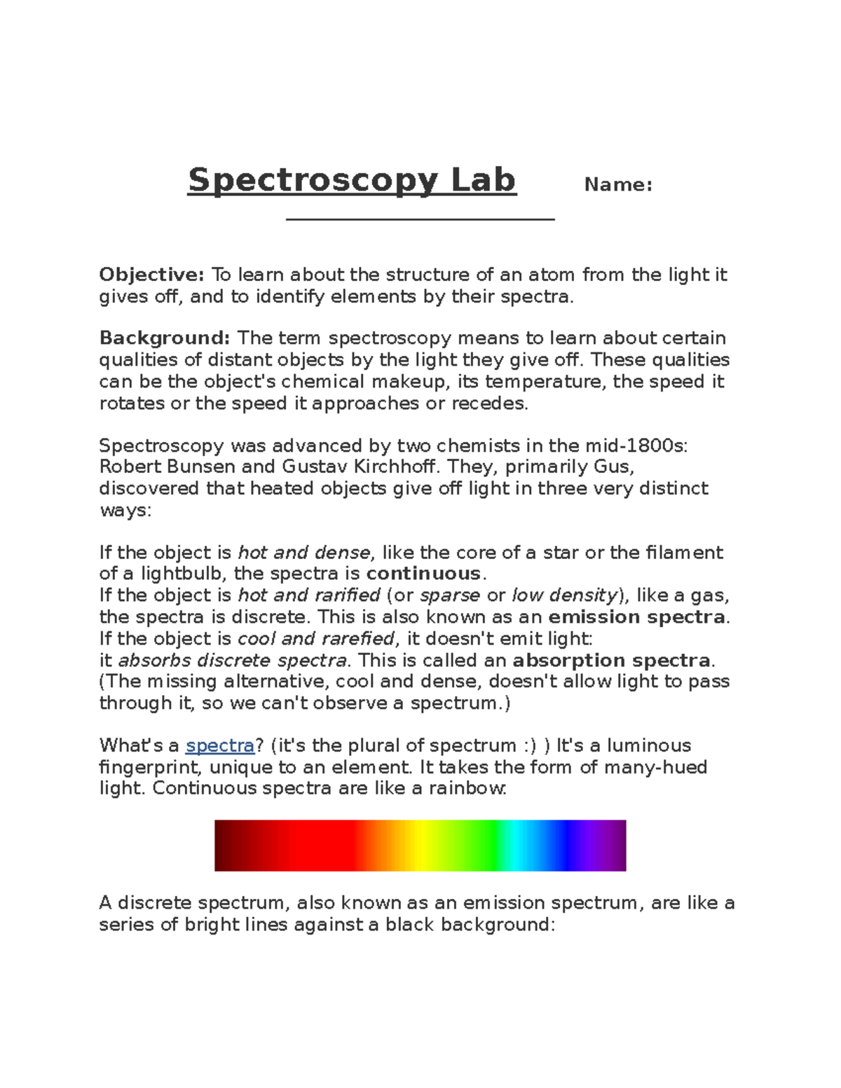 1 Spectroscopy Lab Lab Activity Spectroscopy Lab Name