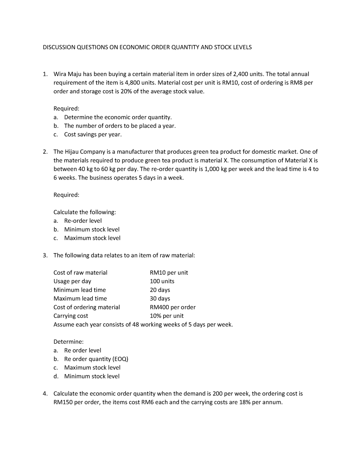 Economic Order Quantity And Stock Levels Questions For Student Discussion Questions On Economic Studocu