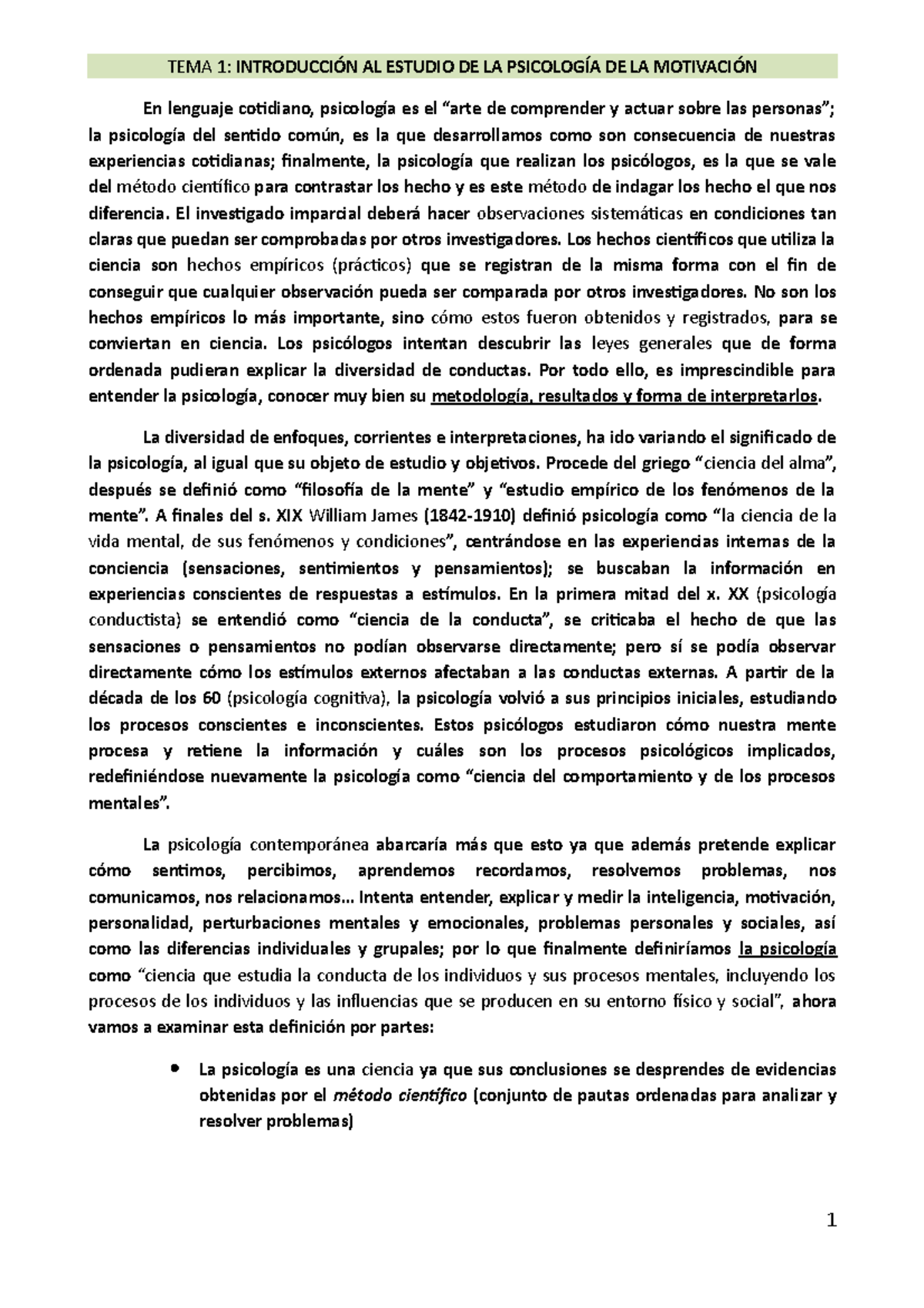 Apuntes, leccion 1 - introducción al estudio de la psicología de la ...