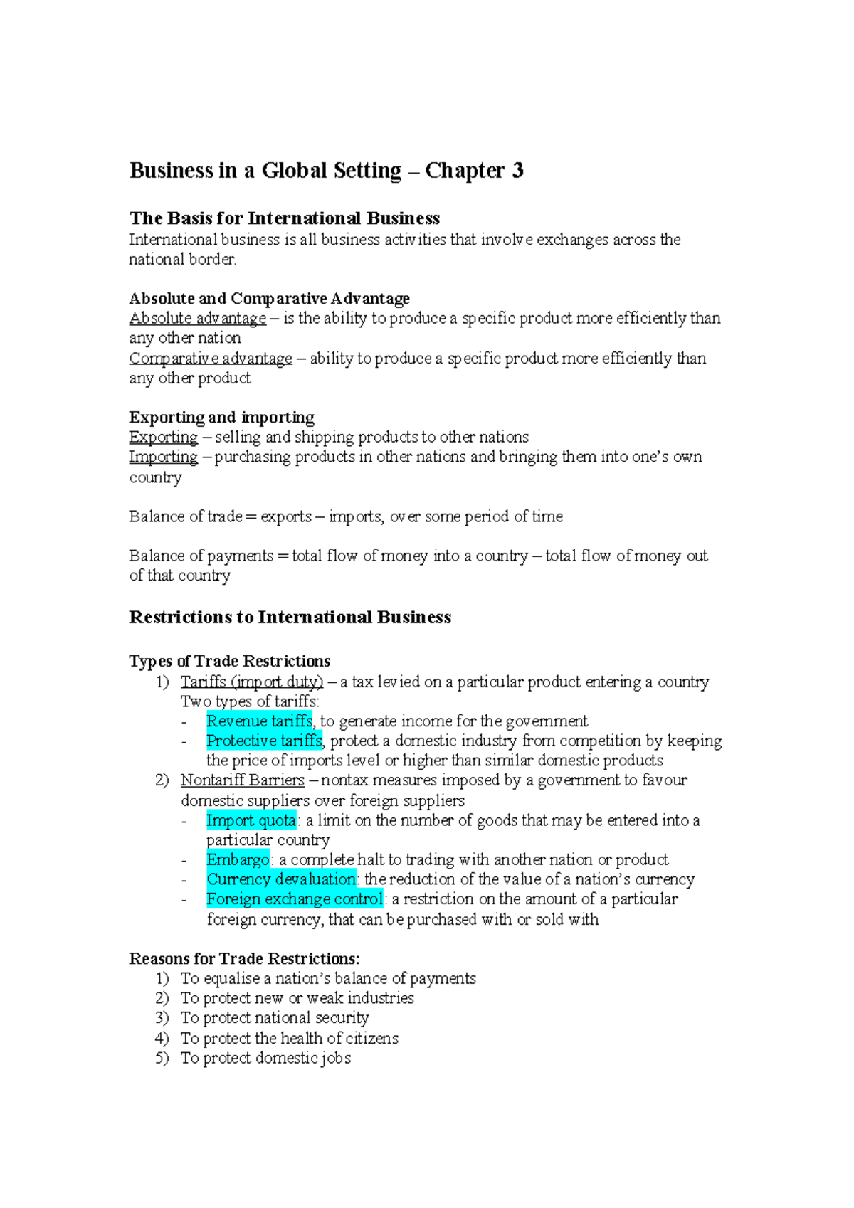 Bus man 113 chapter summarised from notes - Business in a Global ...