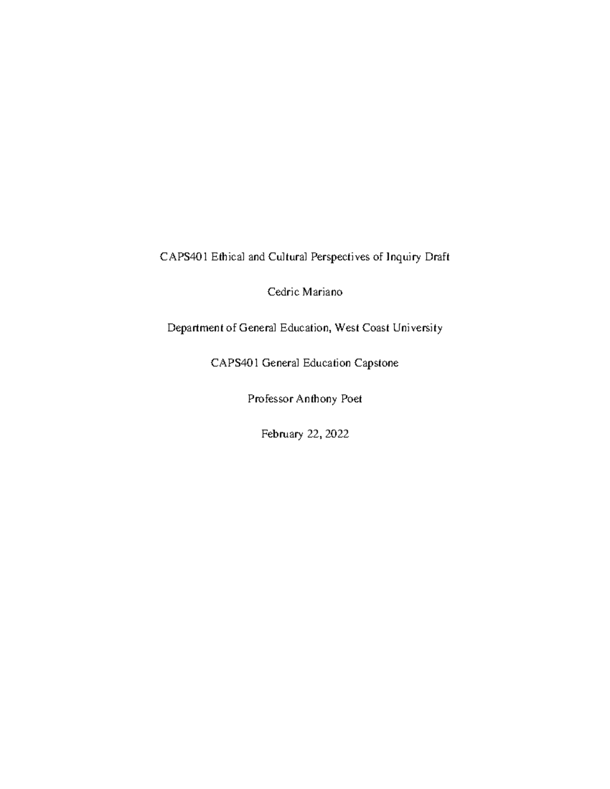 CAPS401 Ethical and Cultural Perspectives of Inquiry Draft - The two ...