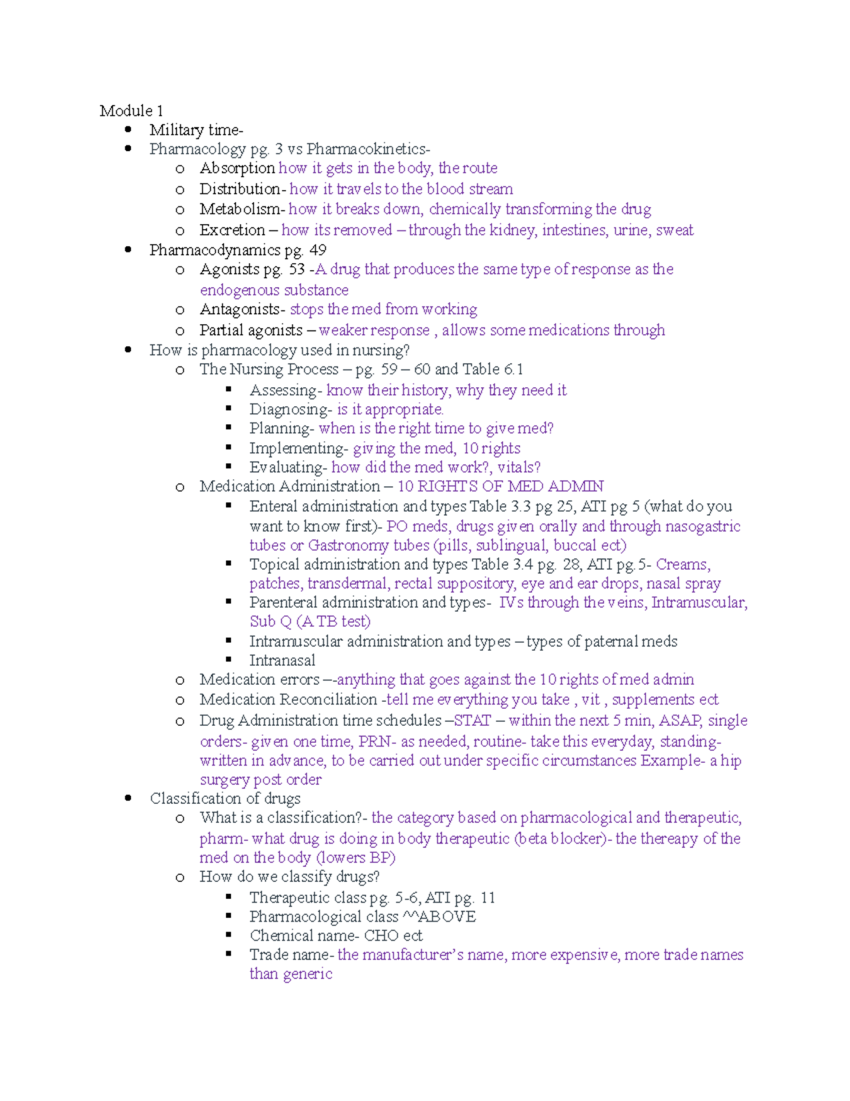 NUR 334 Pharmacology Exam 1 study guide - Module 1 Military time ...