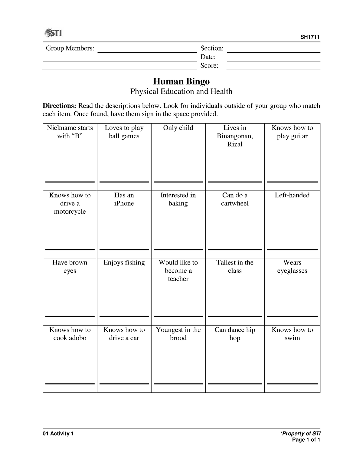 SH1711 - Physical Education and Health 1 01 Activity 1 - SH 01 Activity ...