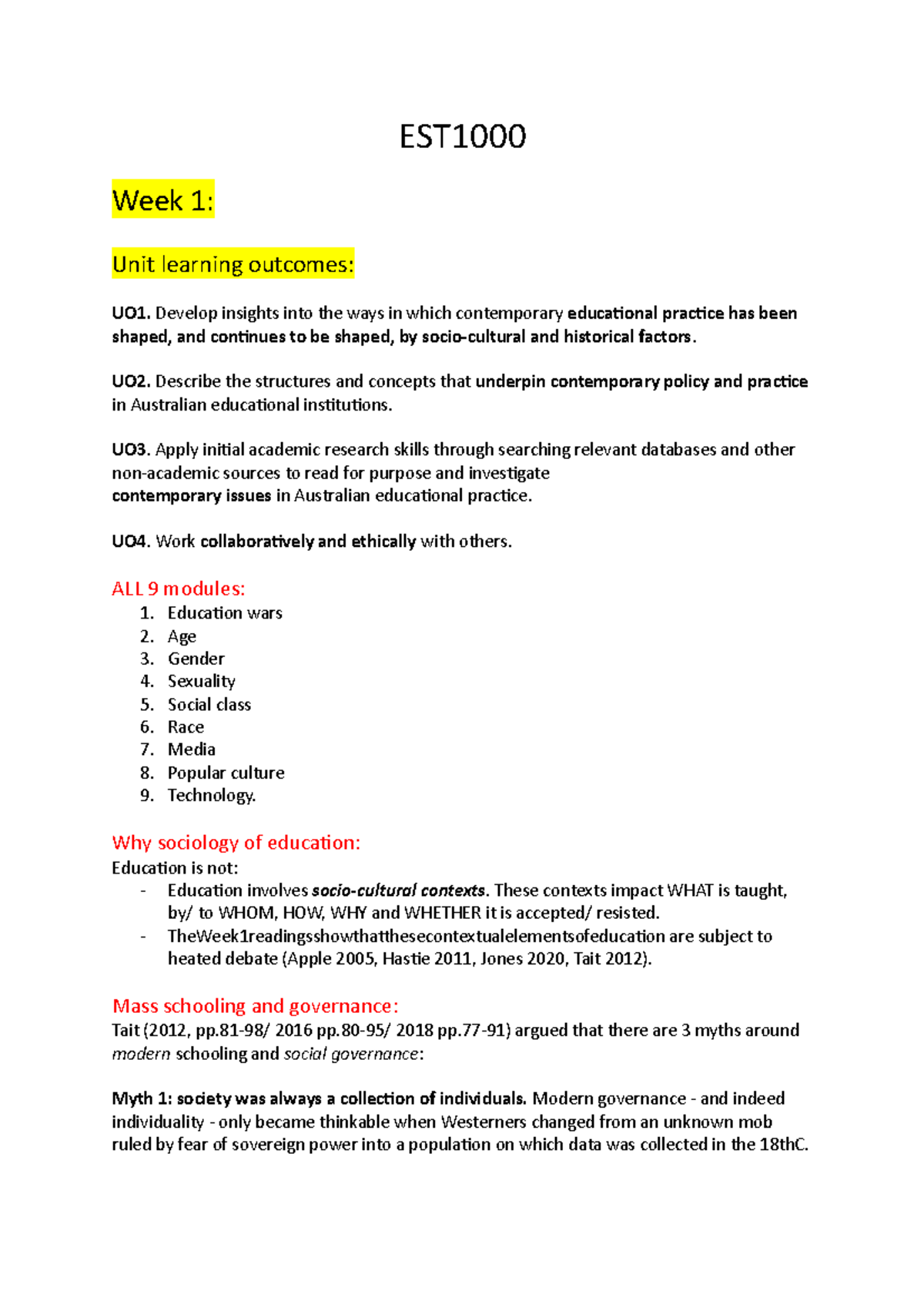 EST1000tutorial notes - Week 1: Unit learning outcomes: UO1. Develop ...