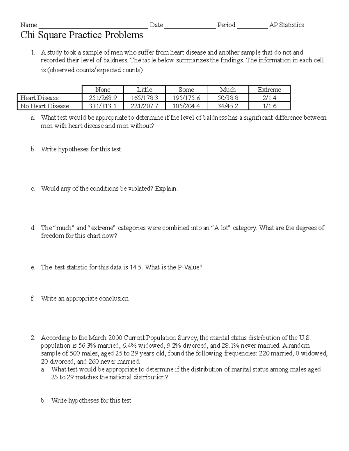 Chi Square Practice Problems Name