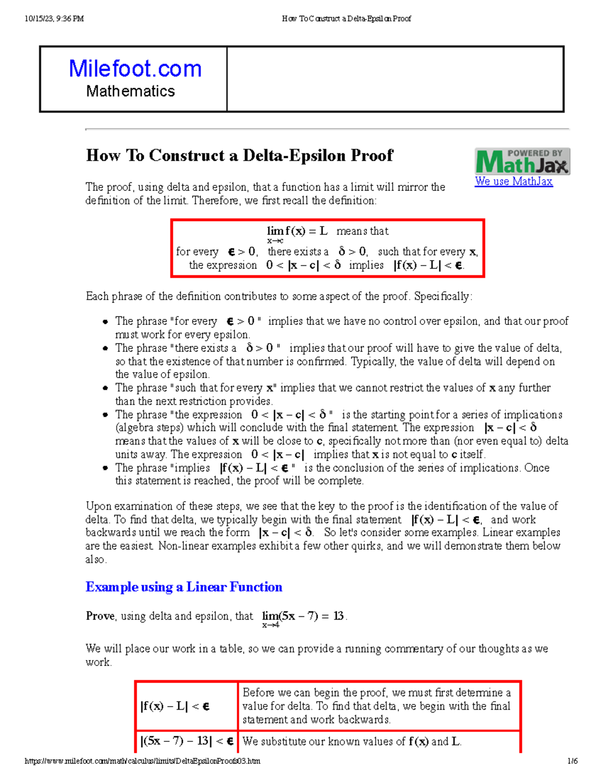 How To Construct a Delta-Epsilon Proof - We use MathJax Milefoot ...