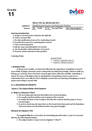 Practical Research 1 Q3 week1 - Disclaimer: This Learning Activity ...
