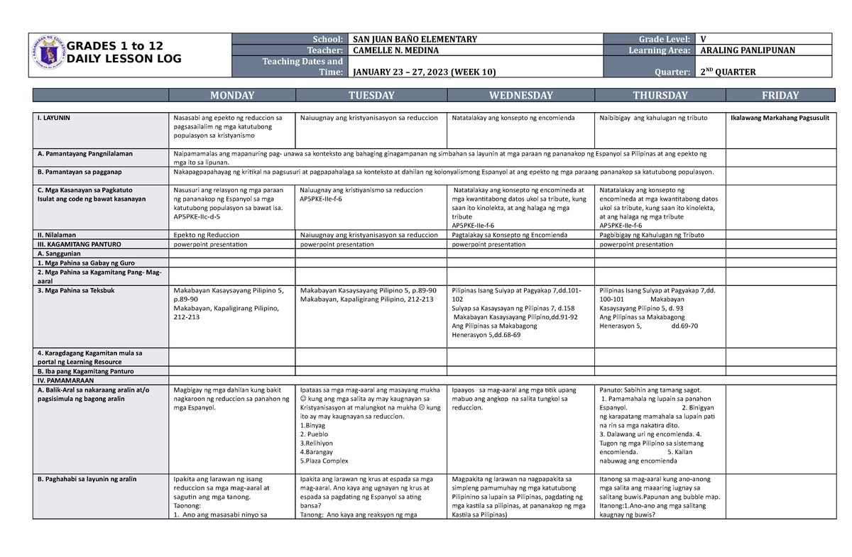 DLL Araling Panlipunan 5 Q2 W6 - GRADES 1 To 12 DAILY LESSON LOG School ...