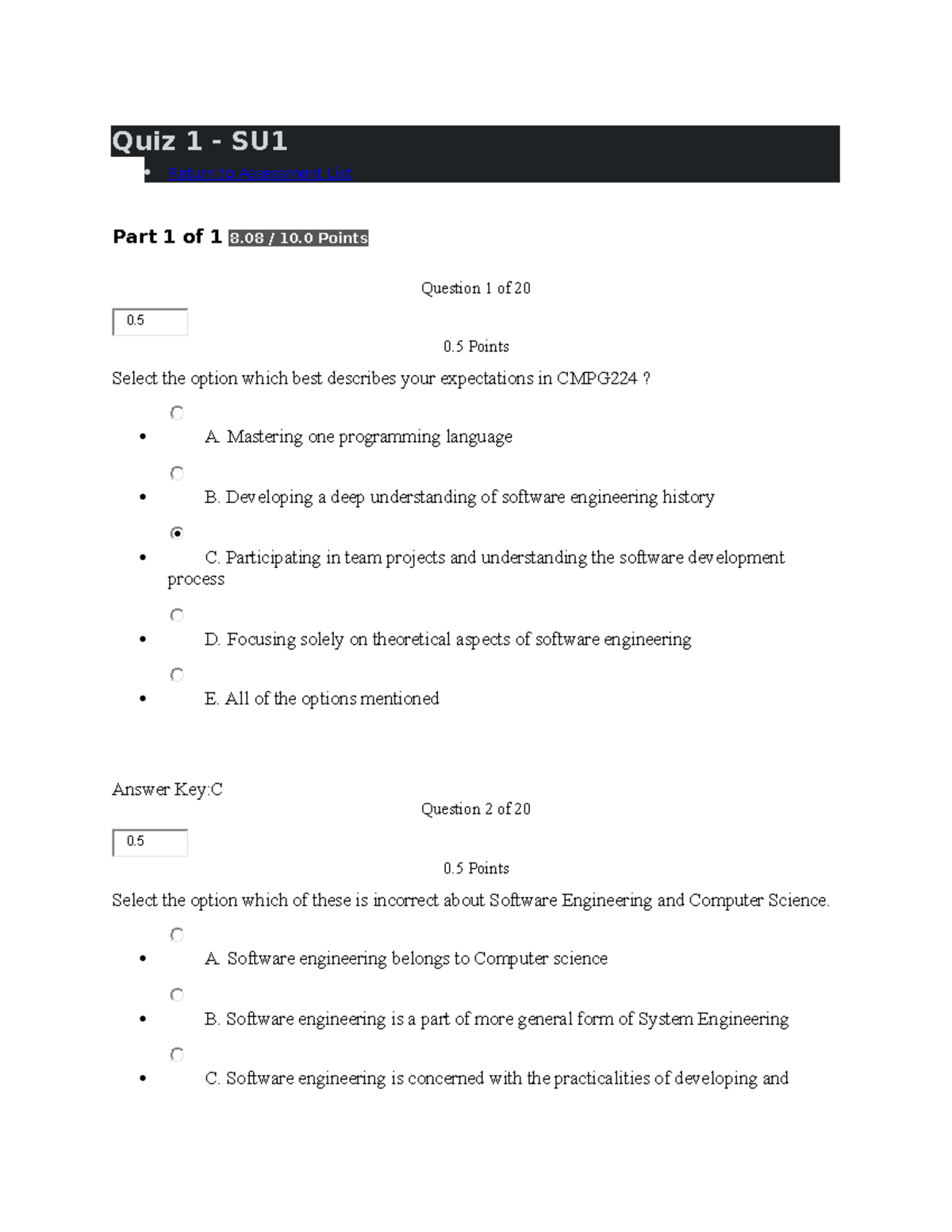 Quiz 1 - quiz - Quiz 1 - SU Return to Assessment List Part 1 of 1 8 / ...