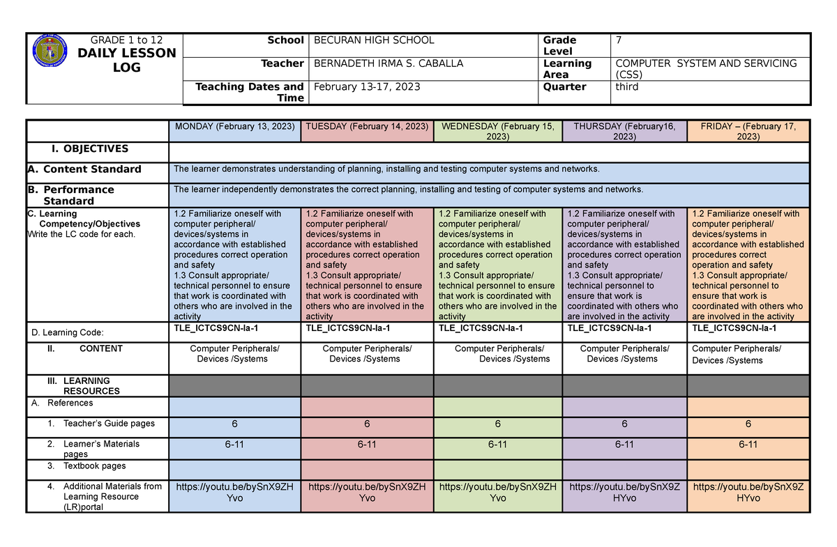 DLL ICT 9 Q3 WEEK 1 - DAILY LESSON LOG - GRADE 1 To 12 DAILY LESSON LOG ...