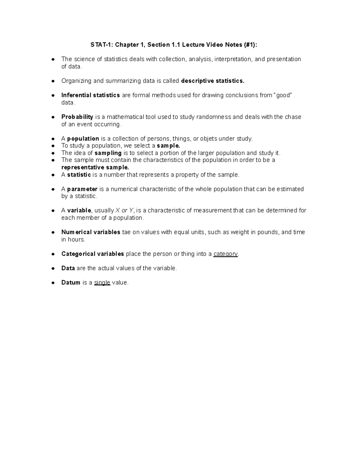 STAT-1 Chapter 1 Lecture Video Notes (#1 - #4) - The science of ...