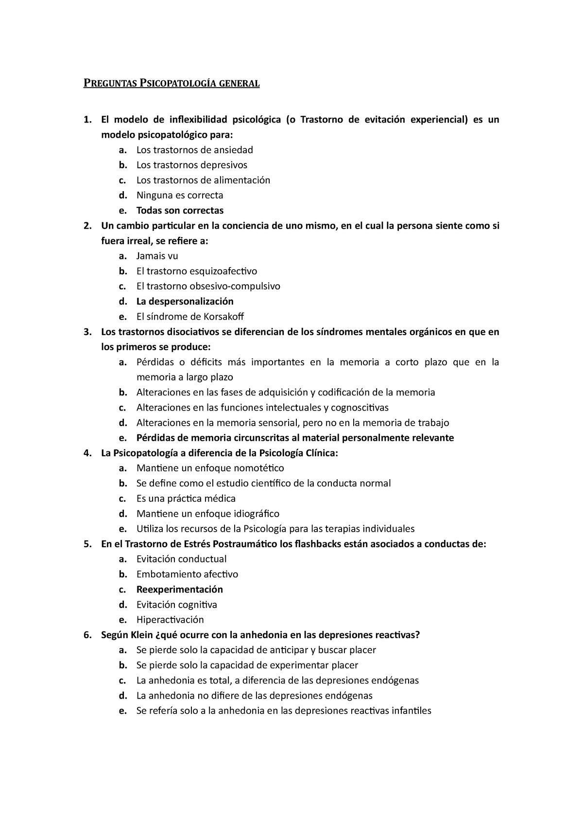 Examen Psicopatologia General Todas Las Preguntas P Reguntas