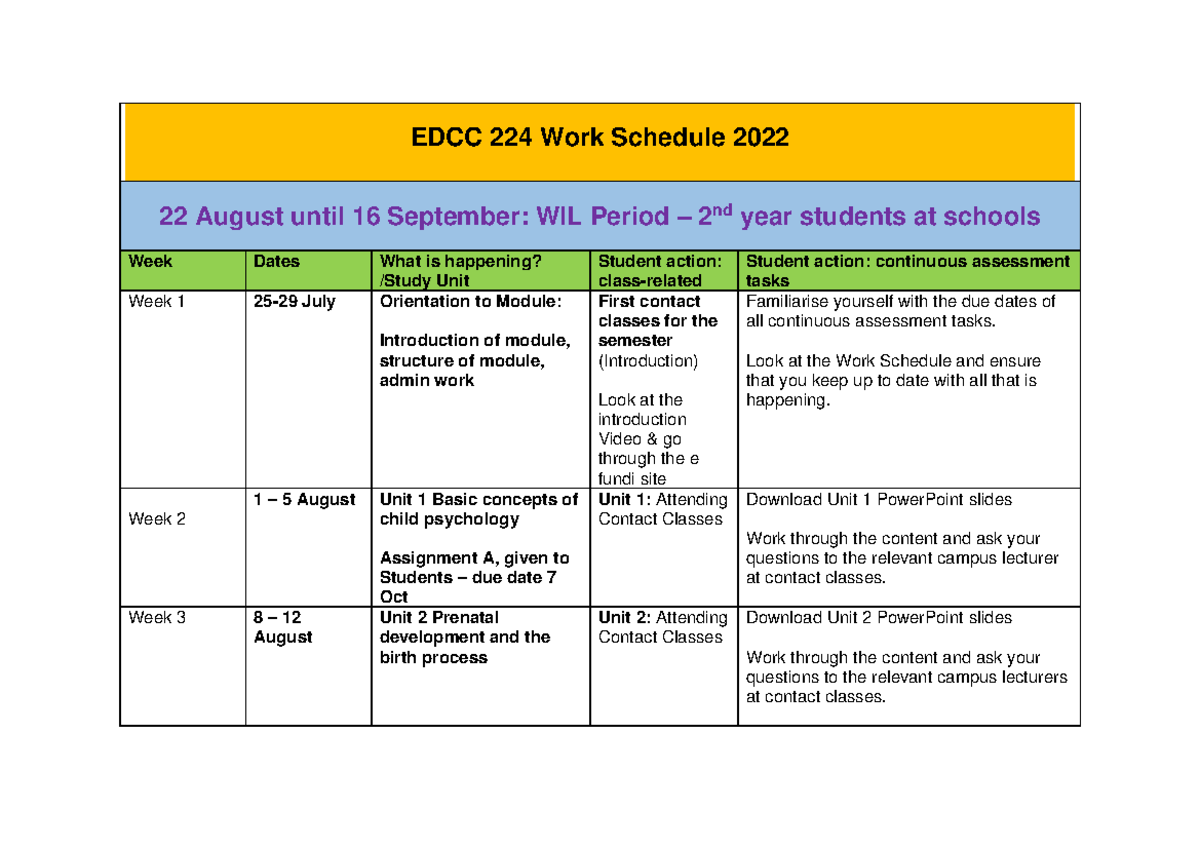 EDCC 224 proposed Work Schedule 2022 Students EDCC 224 Work