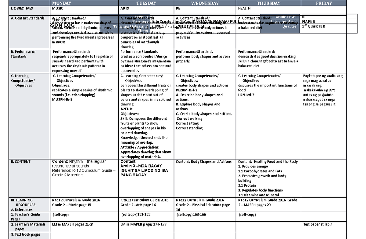 DLL Mapeh 2 Q1 W3 - Basic lesson plan - GRADES 1 to 12 DAILY LESSON LOG ...