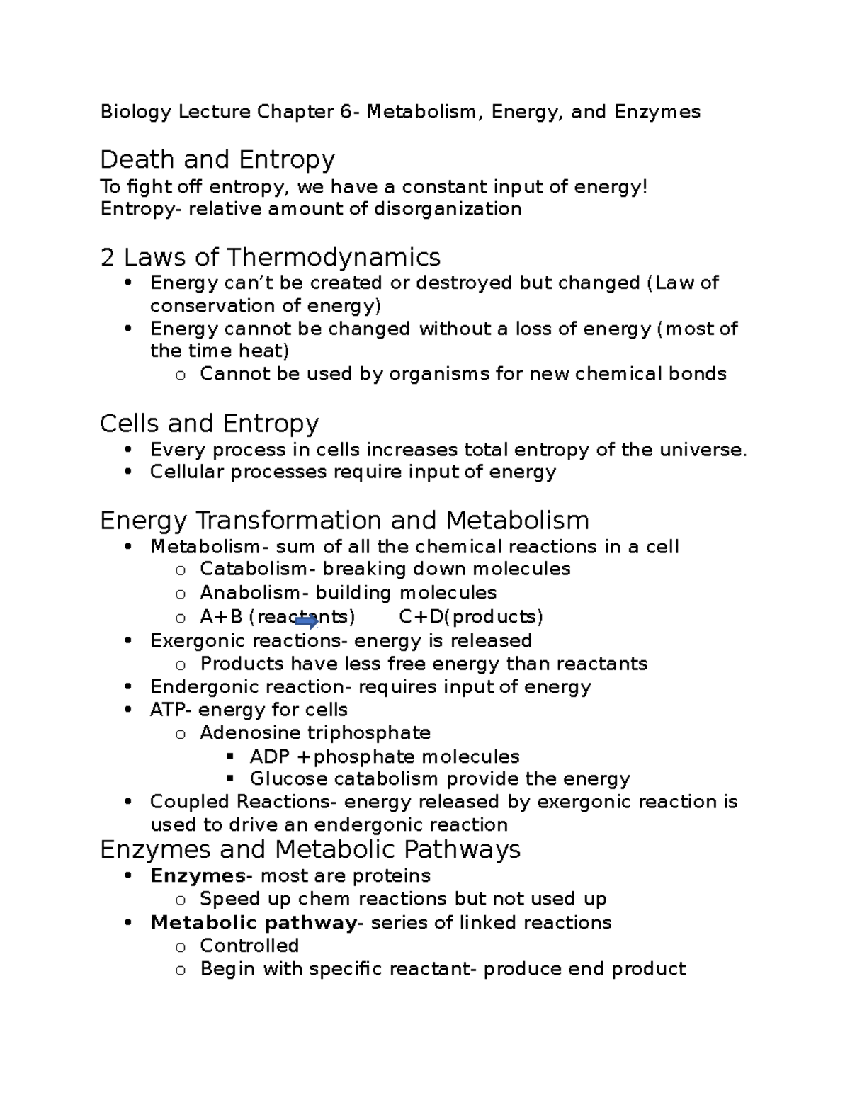 Biology Lecture Chapter 6- Metabolism, Energy, And Enzymes - Cellular ...