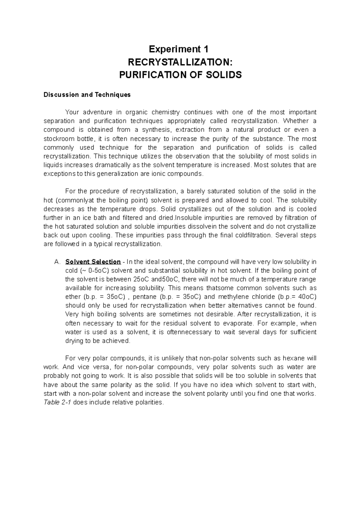 Experiment And Excercise 1 - Experiment 1 RECRYSTALLIZATION ...