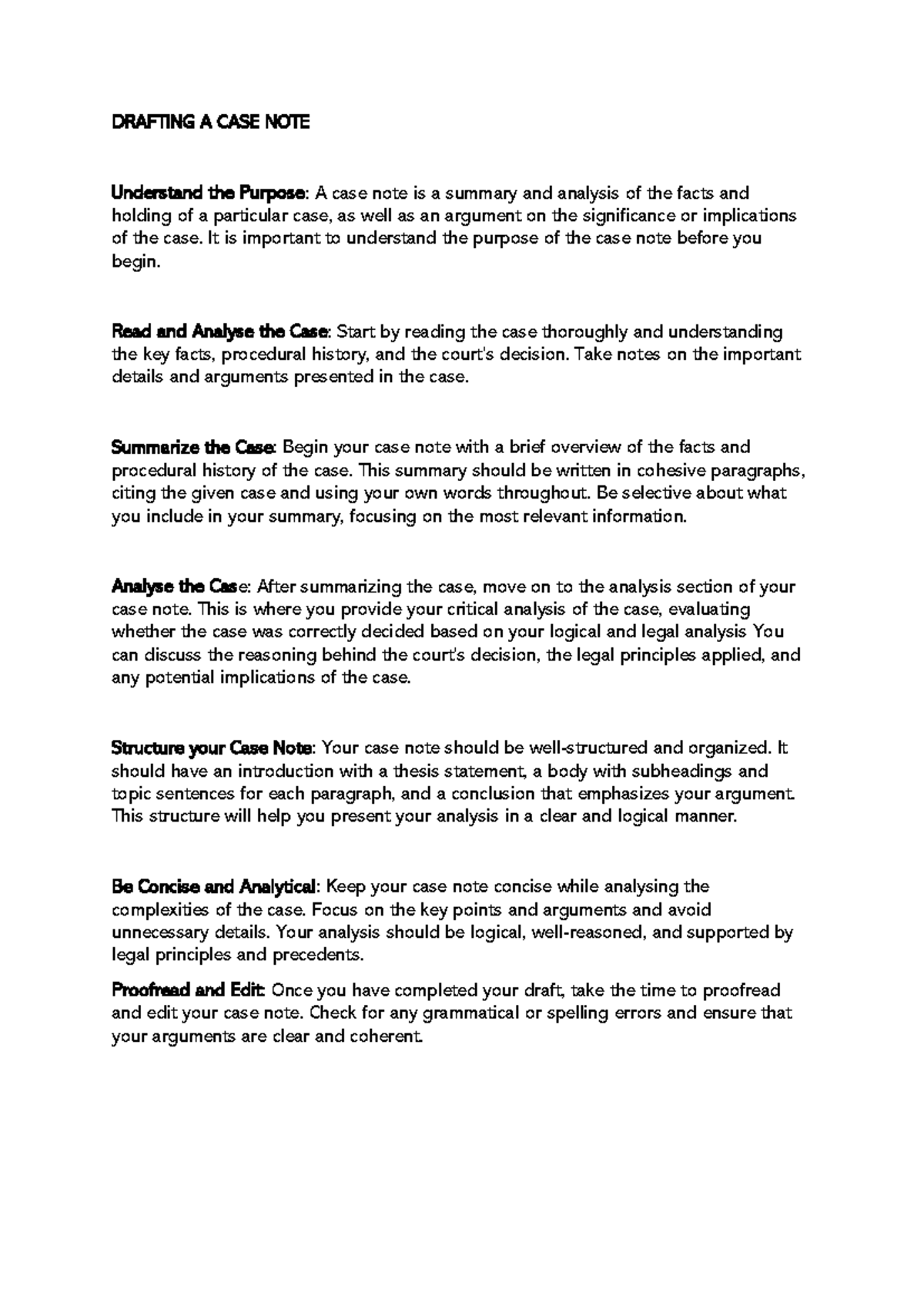 Drafting A CASE NOTE - DRAFTING A CASE NOTE Understand the Purpose: A ...