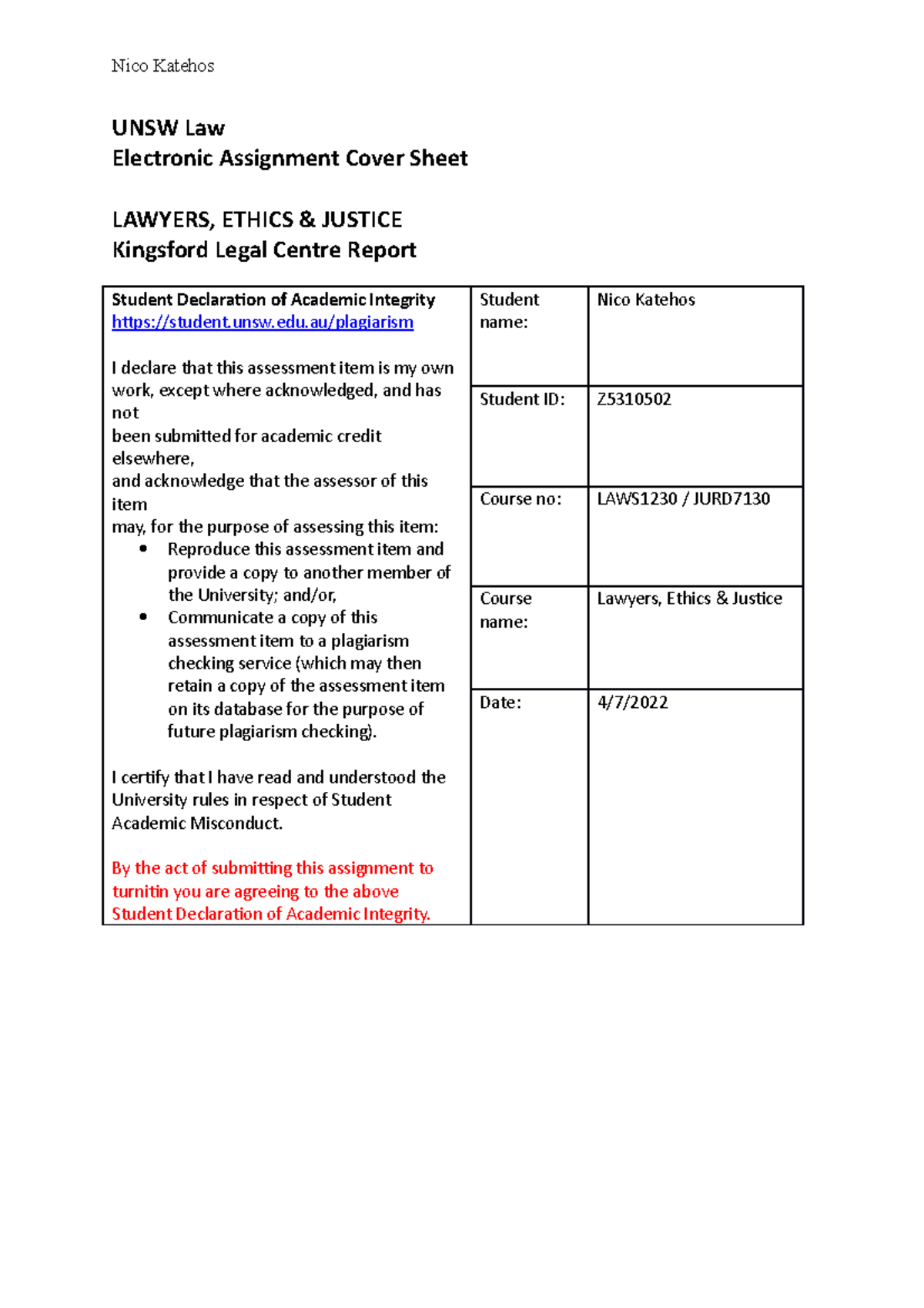 unsw law assignment cover sheet