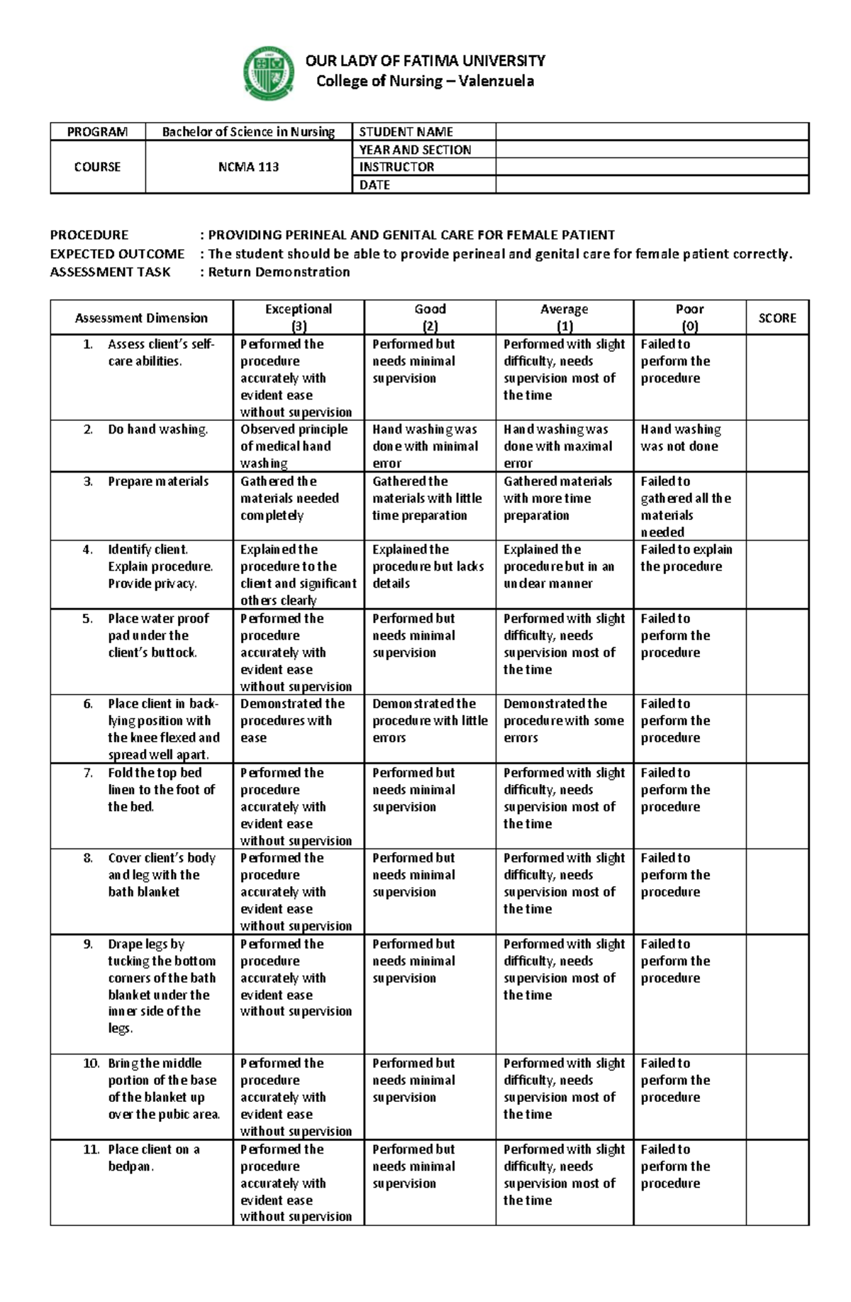 Funda Rubrics Providing Perineal and Genital Care for Female Patient ...