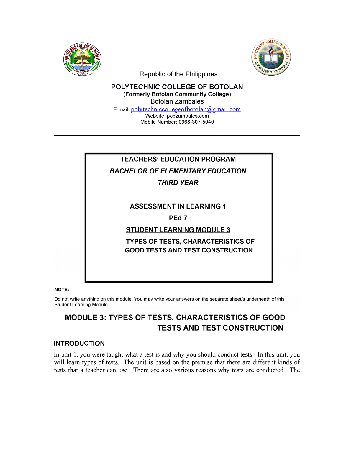 ped-7-module-3-types-of-tests-characteristics-of-good-tests-and-test