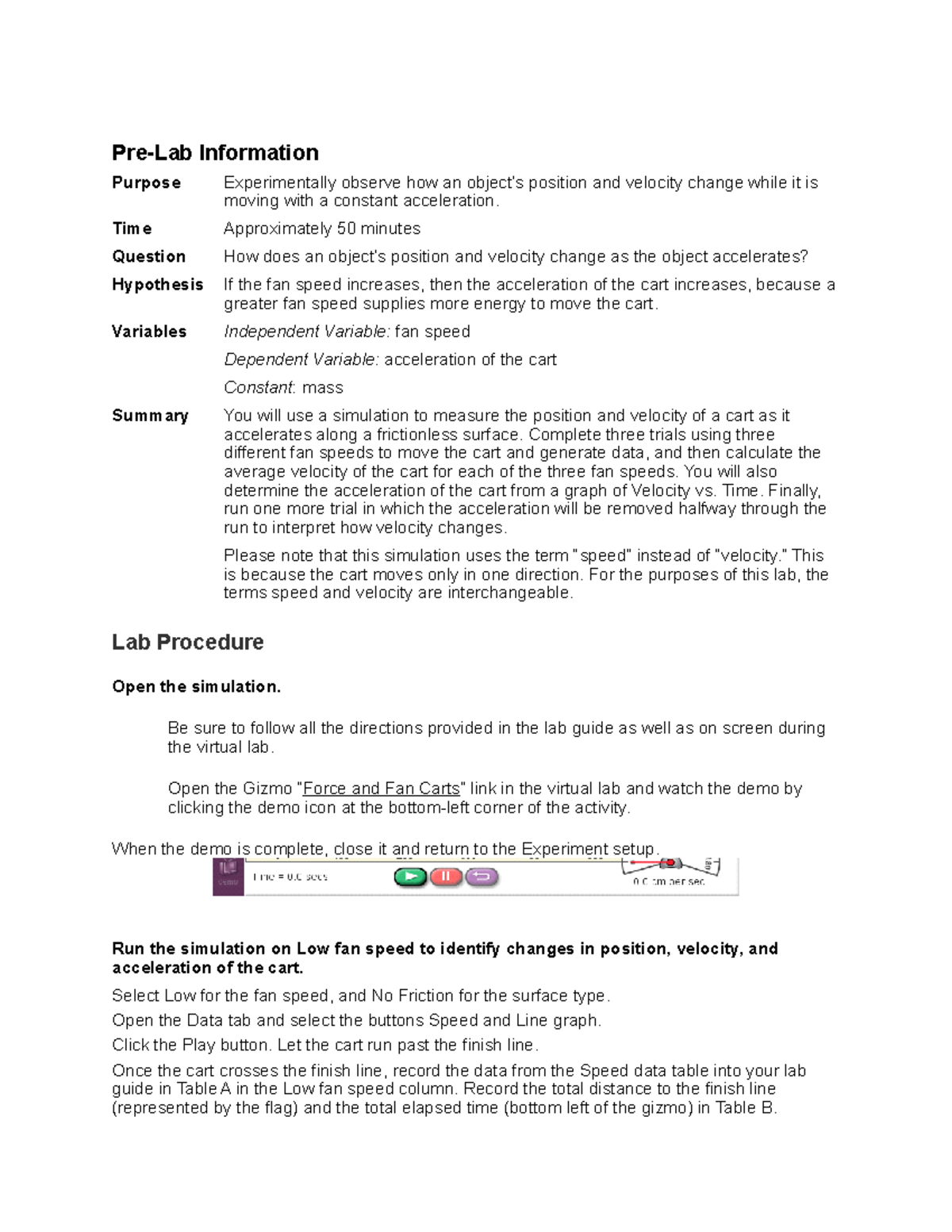 Virtual Lab Guide - Motion With Constant Acceleration- Student Guide ...