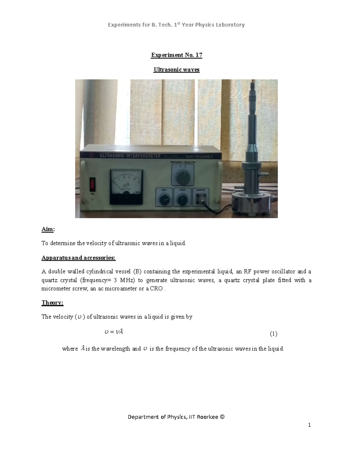 17 Ultrasonic waves Department of Physics, IIT Roorkee © Experiment