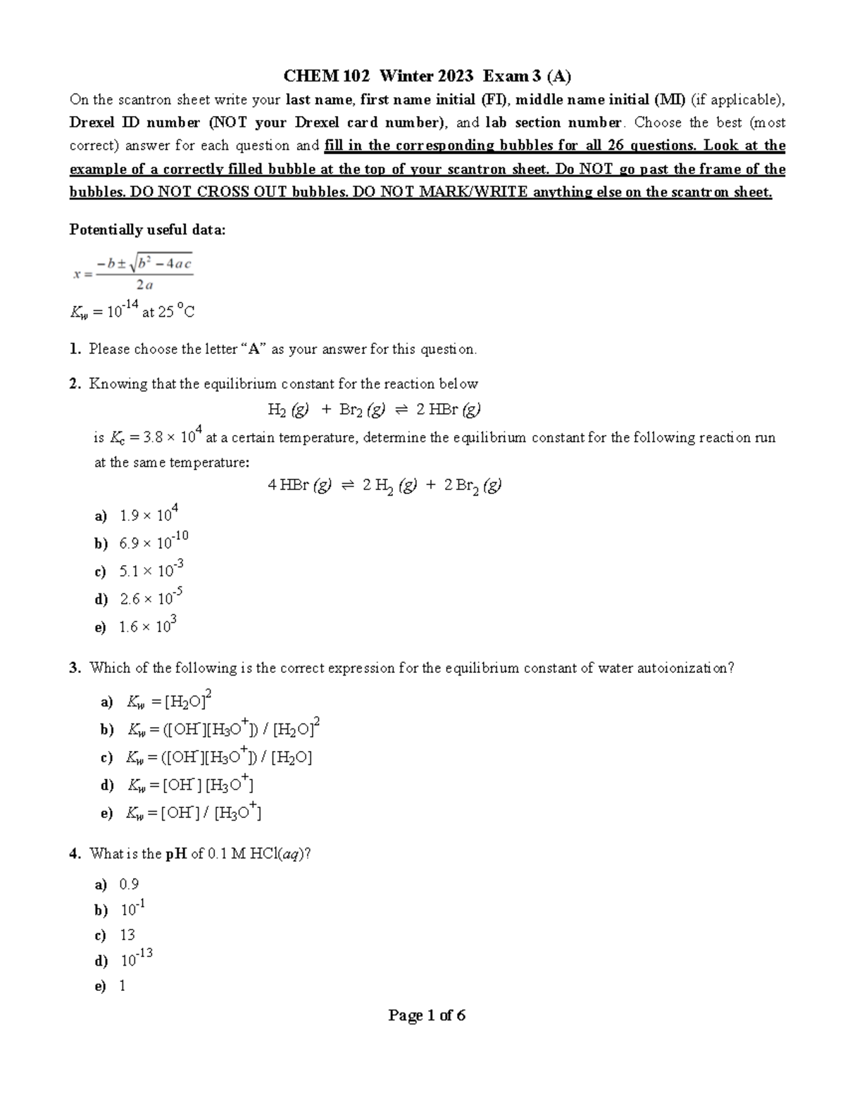 Exam 3 102 W23a w. Answers Key copy - CHEM 102 Winter 2023 Exam 3 (A ...