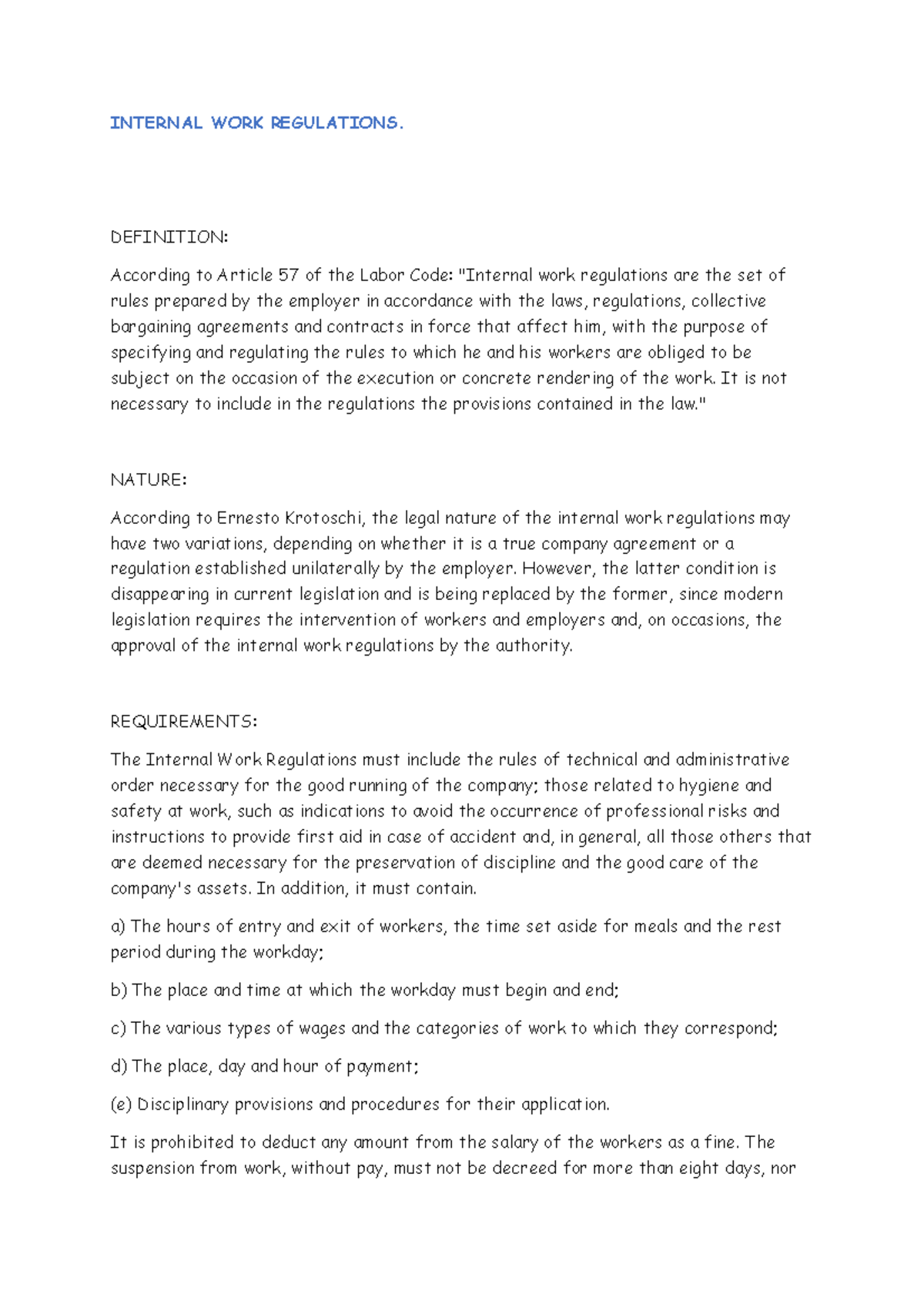 Internal WORK Regulations. 12 INTERNAL WORK REGULATIONS. DEFINITION According to Article 57